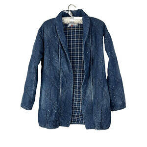 Pilcro Anthropologie Kimono Jacket Quilted Denim Paint Splatter Flannel Distress